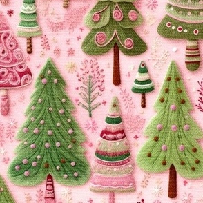 Pink and Green Embroidered Trees (Medium Scale)