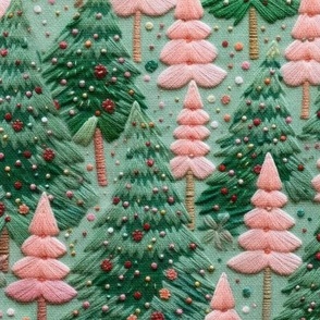 Embroidered Green & Pink Trees (Medium Scale)