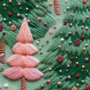 Embroidered Green & Pink Trees (Large Scale)