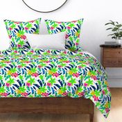 Tropical Island Banana Leaves and Hibiscus Flowers- blue and green version