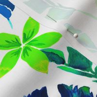 Tropical Island Banana Leaves and Hibiscus Flowers- blue and green version