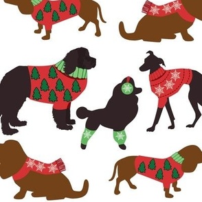 Dogs Wearing Holiday Sweaters red and green Christmas Dogs Gingerbread Cookies pink background