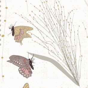 Butterflies Dots Grass Mirrored Gold Mauve Gray Large Size