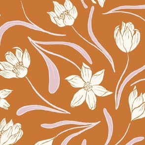 [Wallpaper] Springtime Serenity: Snow (Early) Crocus Ditsy Delight in pastel spring color palette, sweet and feminine,  spice brown, purple, cream, autumn