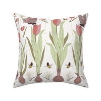 Butterflies Bees Tulips Green Rose Mauve On Cream Working In The Garden Large