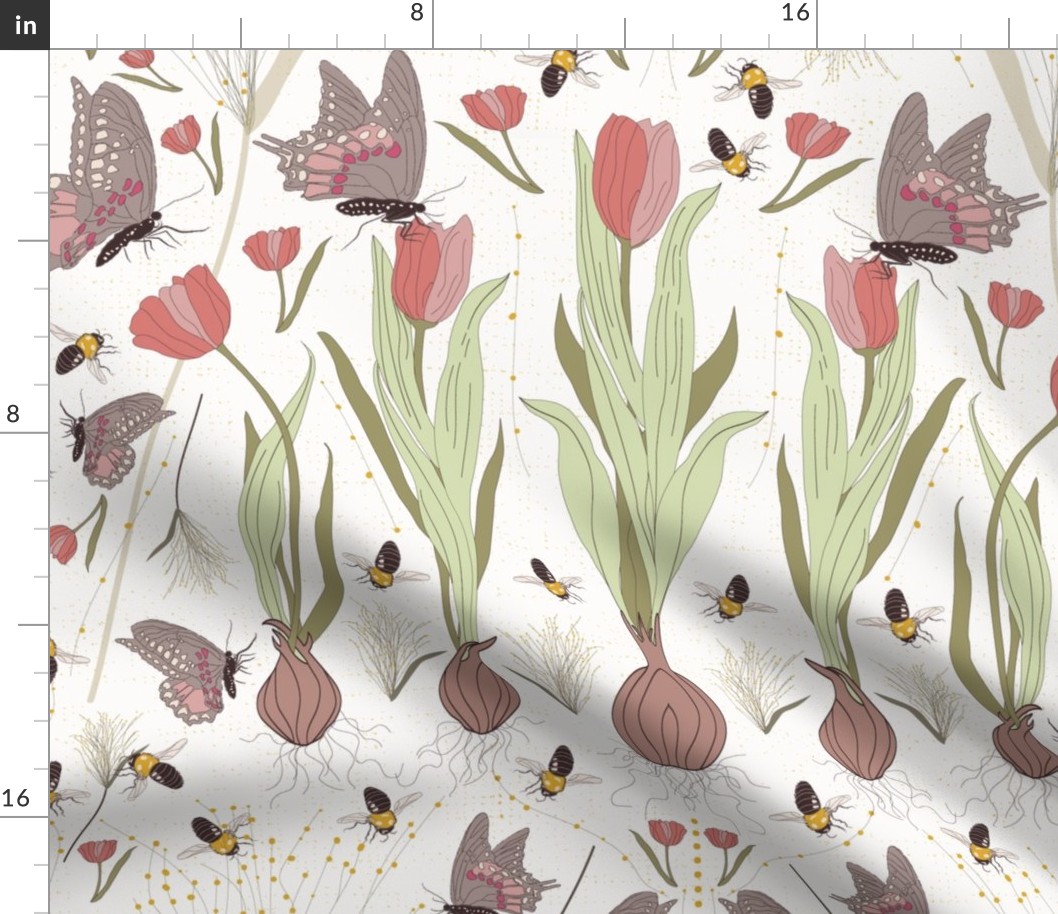 Butterflies Bees Tulips Green Rose Mauve On Cream Working In The Garden Large