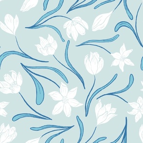 [Wallpaper] Springtime Serenity: Snow (Early) Crocus Ditsy Delight in pastel spring color palette, sweet and feminine, pastel blue monochromatic