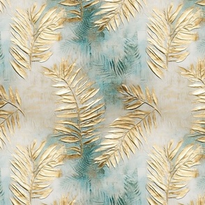 Gold Aqua White Tropical Leaves