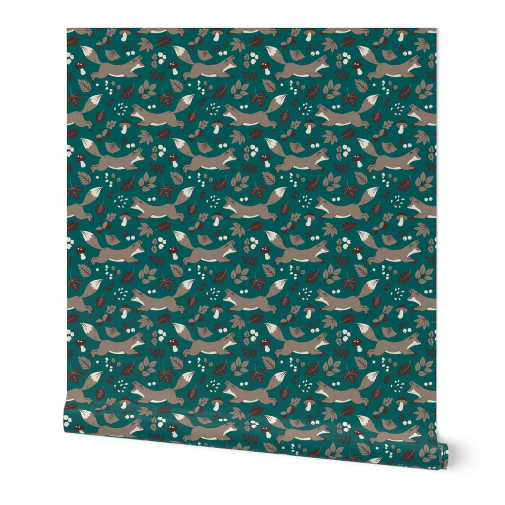 Enchanted Forest Fox - Whimsical Mushroom and Leaf Pattern on Teal