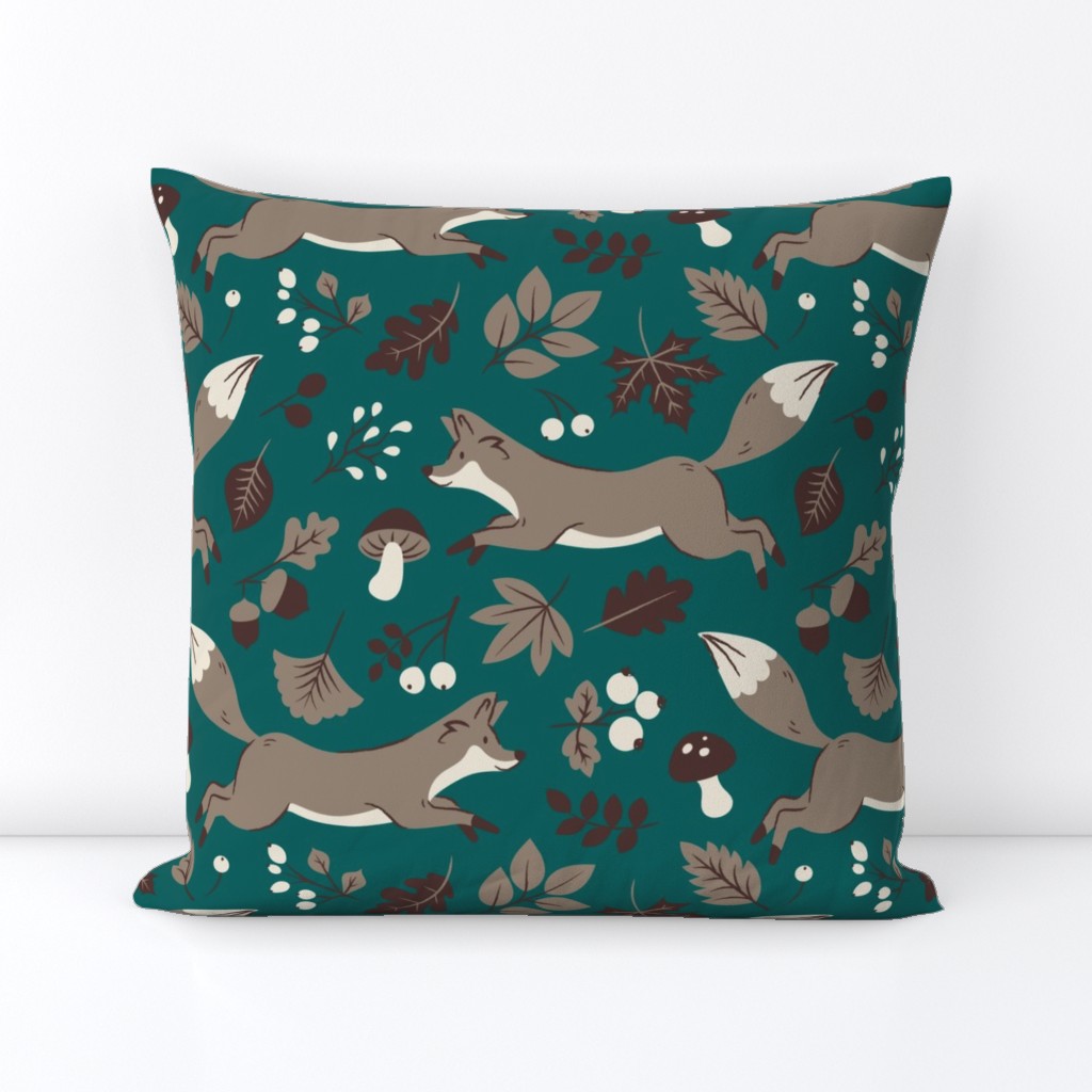 Enchanted Forest Fox - Whimsical Mushroom and Leaf Pattern on Teal