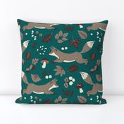 Enchanted Forest Fox - Whimsical Mushroom and Leaf Pattern on Teal