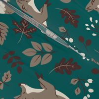 Enchanted Forest Fox - Whimsical Mushroom and Leaf Pattern on Teal