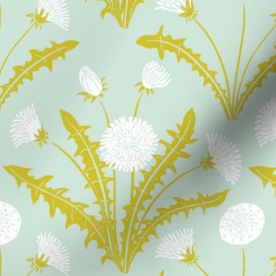 [medium] Dandelion Dreams: Whimsical Beauty in Bloom, springtime serenity, spring equinox, art decor, spring dew, green, mint, white