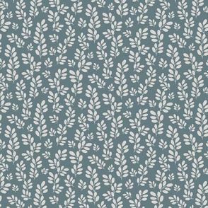 Funky Leaves in white on a pastel blue background ( small scale ).