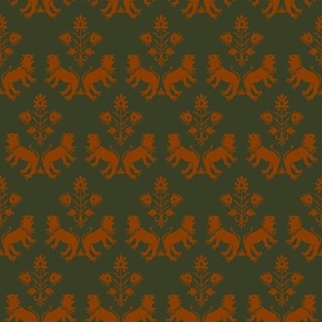 Regal lion tapestry, rustici red on ivy green