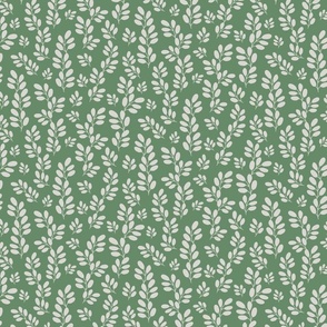 Funky Leaves in white on a green background ( small scale ).
