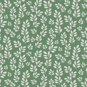Funky Leaves in white on a green background ( medium scale ).