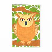 Cute Owl In Tree With Green Leaves Tea Towel and Wall Hanging