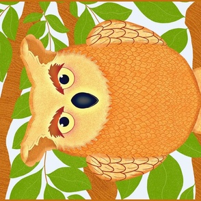 Cute Owl In Tree With Green Leaves Tea Towel and Wall Hanging