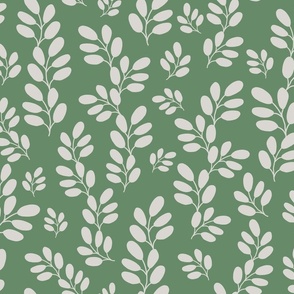 Funky Leaves in white on a green background ( large scale ).
