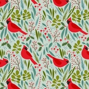 mini // Red Bird Cardinal Holiday on Mint Green Fabric //  4"