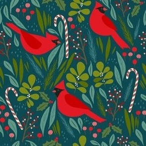 small // Red Bird Cardinal Holiday on Teal Blue Fabric //  6"