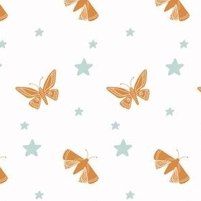 Butterflies and stars in rust brown and sage green