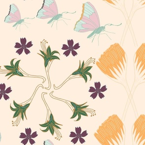 Butterflies and flowers - orange green and purple