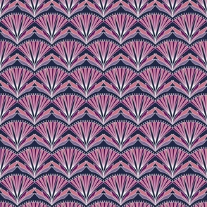 S - Pink Purple Art Deco Abstract Geometric Fan Flowers on Dark Blue