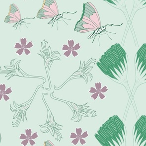Flowers and butterflies - pretty green and purple