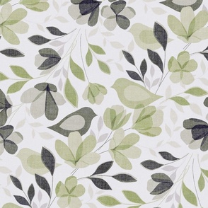 Abstract Bird Floral - olive green 