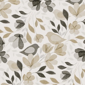 Abstract Bird Floral - neutral taupe 