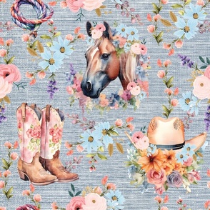 Cowgirl Carnival – on Seafoam Blue Linen Grasscloth Wallpaper – New