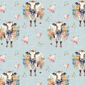 Cowflower Dreams – on Seafoam Blue  Linen Grasscloth Wallpaper – New 