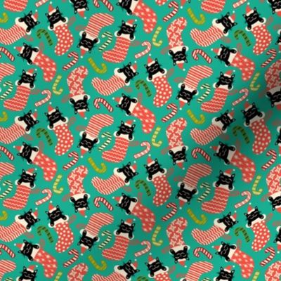 Meowy Christmas - Festive Felines - Black Cats in Xmas Stockings - Bright Blue / Green - TINY