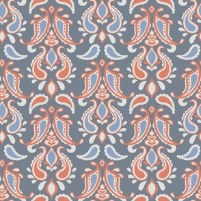 Modern Medallion Decorative Indian Paisley - Rusty Red, Grey and Blue