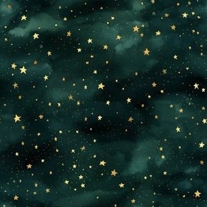 Tiny Gold Watercolor Stars on Green Ground