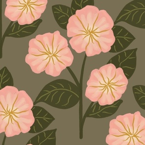 Rose Quartz Pink with Golden Stamens and Forest Green Leaves on Khaki Green Grey
