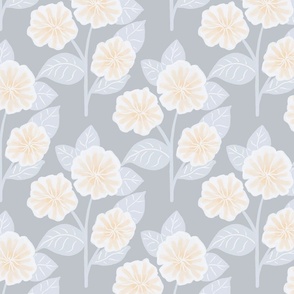 Peach and White Primrose Flowers Trio with Leaves on Soft Grey Background