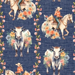 Gallop and Gather Gala – on Nite Blue/White Linen Wallpaper – New for 2023