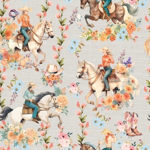 Prairie Posies & Ponies – on Agreeable Gray Linen-Grasscloth Wallpaper – New