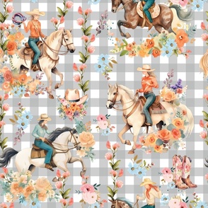 Prairie Posies & Ponies – on Gray/White Gingham Wallpaper
