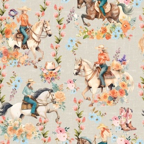 Prairie Posies & Ponies – on Tan Linen Wallpaper – New for 2023