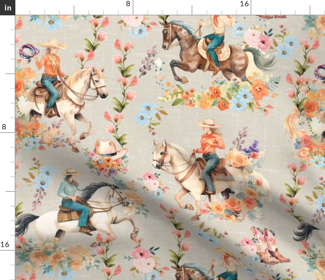 Prairie Posies & Ponies – on Tan Linen Wallpaper 