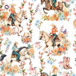 Prairie Posies & Ponies – on White Wallpaper – New for 2023