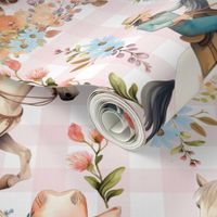 Prairie Posies & Ponies – on Pink/White Gingham Wallpaper