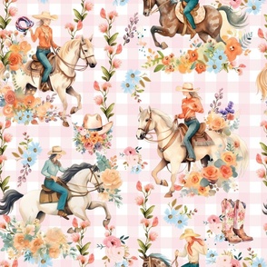 Prairie Posies & Ponies – on Pink/White Gingham Wallpaper