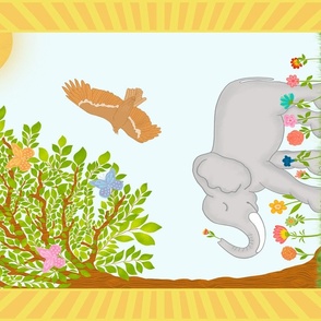 Happy Lucky Elephant Enjoying Flowers and Nature Tea Towel and Wall Hanging