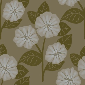 Soft Grey Blue Primrose Flowers Trio with Broad Dark Green Leaves on Khaki Green Background