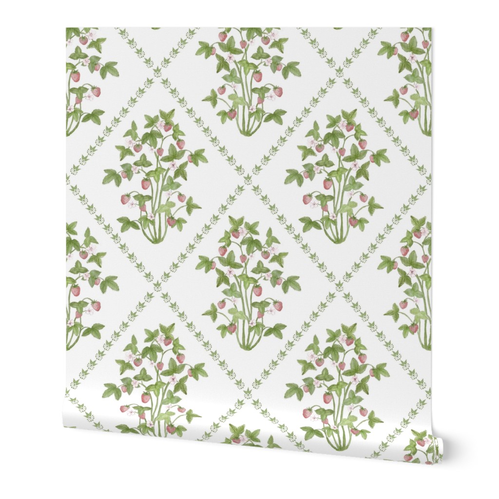 Strawberry Trellis Pink red and Green on White